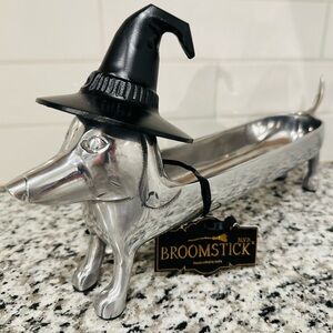 Silver Dachshund Candy Dish with Witch Hat